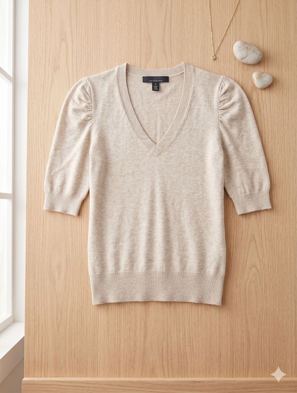 White House Black Market M Oatmeal Ruched 3/4 Sleeve V-Neck Pullover Sweater